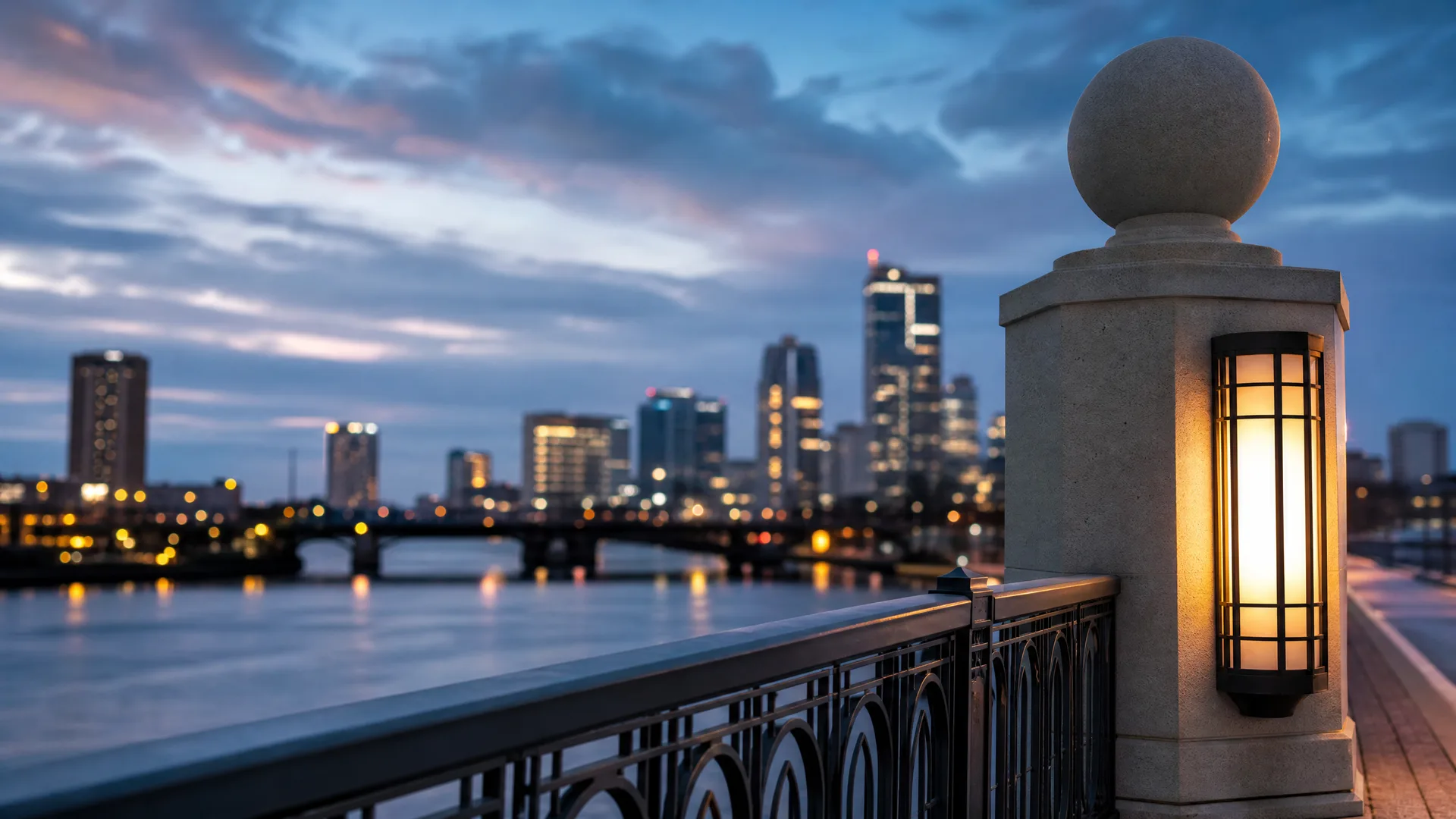 A stone pillar topped with a sphere and holding a lit lantern stands at the end of a metal railing along a waterfront walkway, with a blurred city skyline and bridge across the water at dusk.