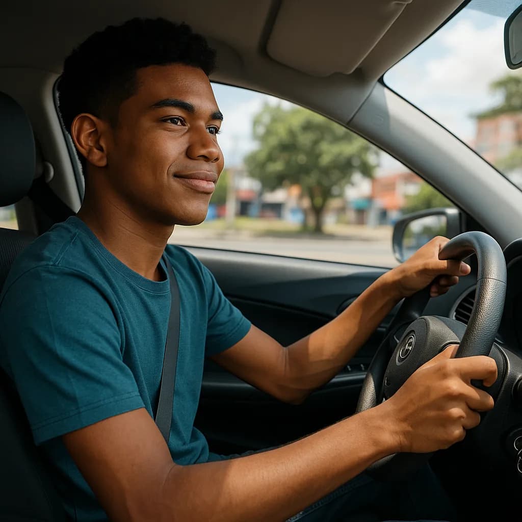 Young man smiling while driving a car, holding steering wheel with both hands in driver's seat