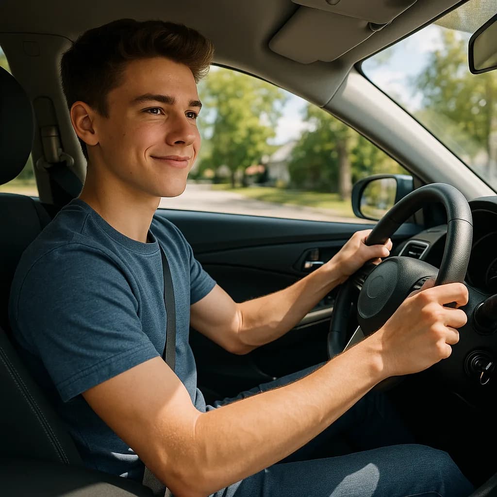 Smiling teenage boy in blue shirt driving a car on a sunny day with trees visible through the window
