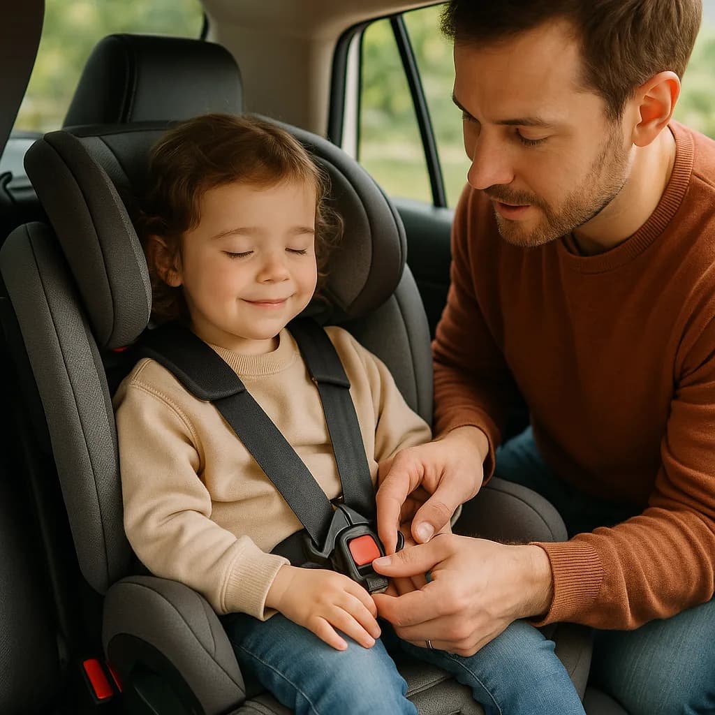 Father buckling young child into car seat, demonstrating vehicle safety for kids