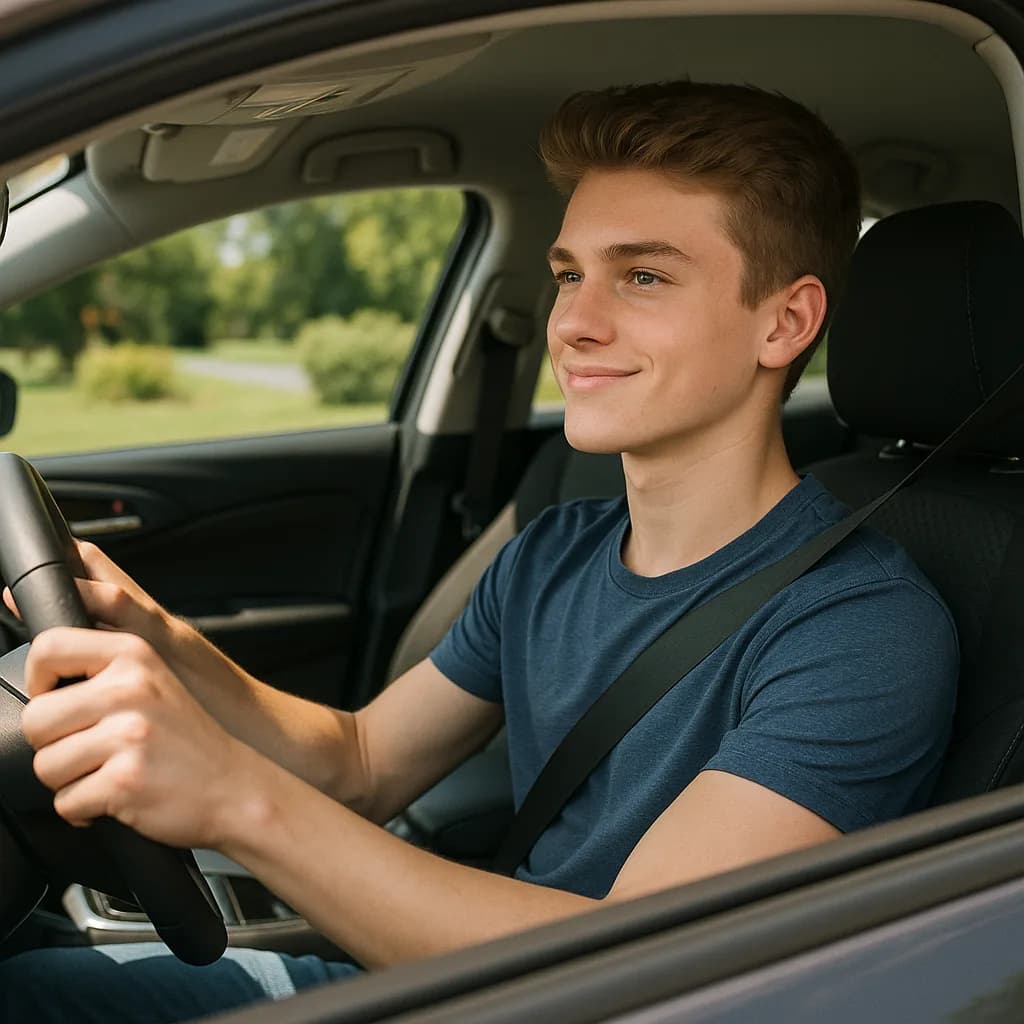 Young man smiling while driving a car on a sunny day with green scenery visible through the windows
