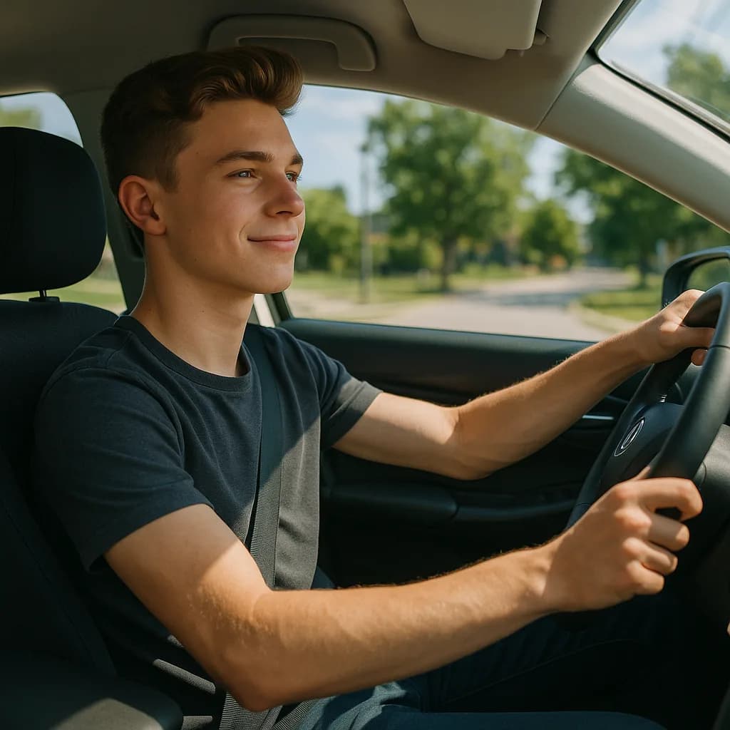 Young man smiling while driving a car on a sunny day with trees visible through the windows
