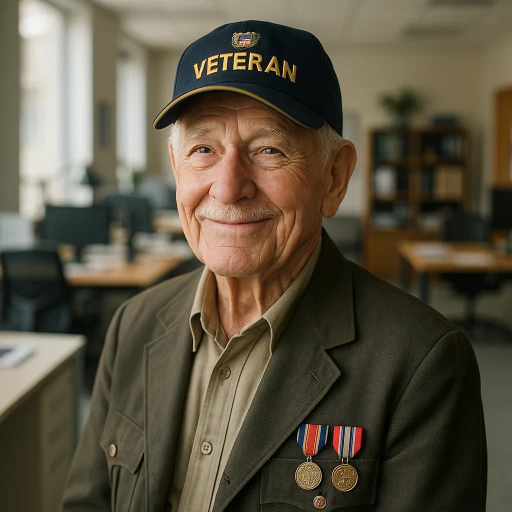 Smiling elderly military veteran wearing Veteran cap and service medals on jacket in portrait photo
