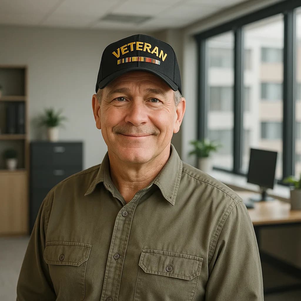 Smiling veteran wearing military cap in modern office space
