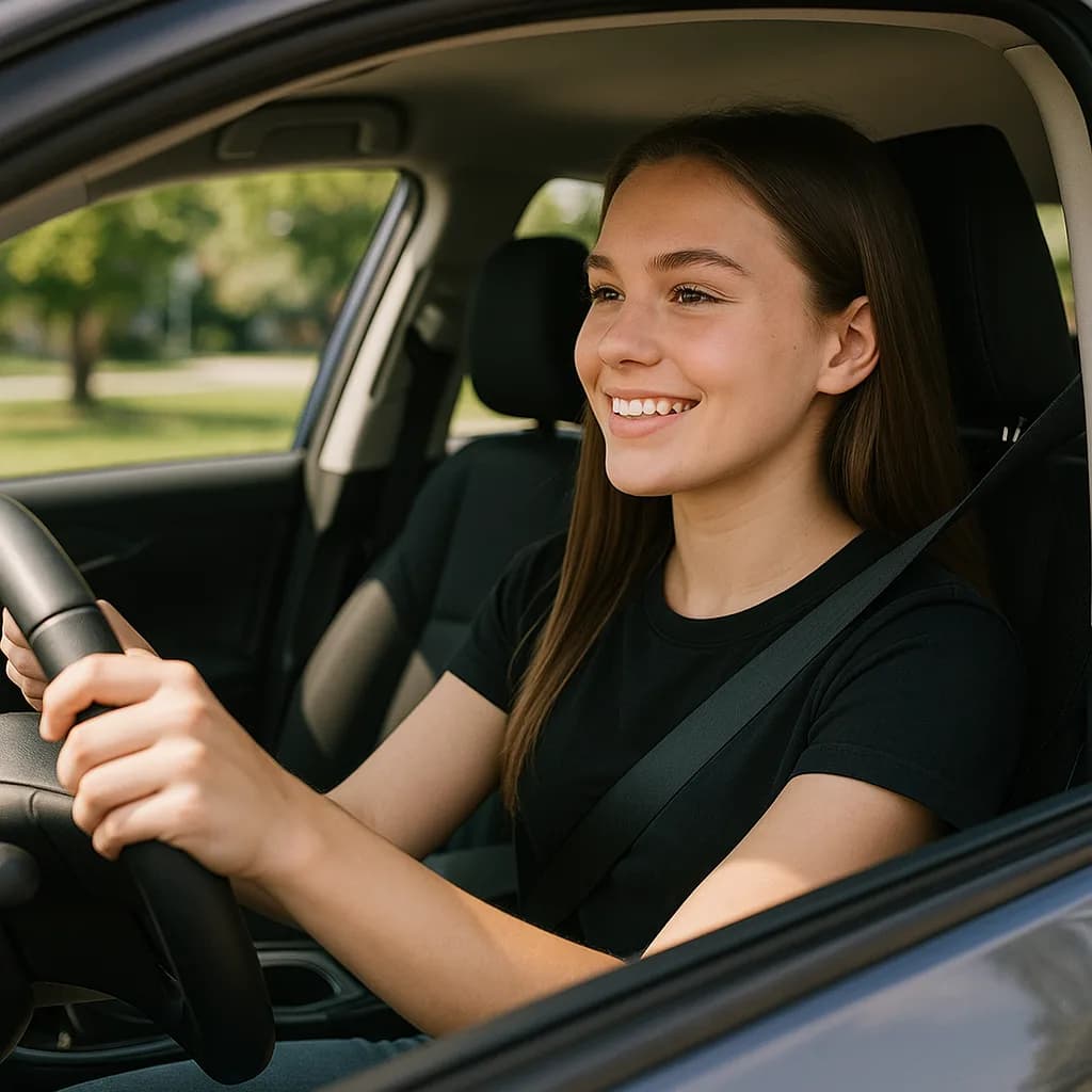 Young woman smiling while sitting in driver's seat of car wearing seatbelt with park visible through window